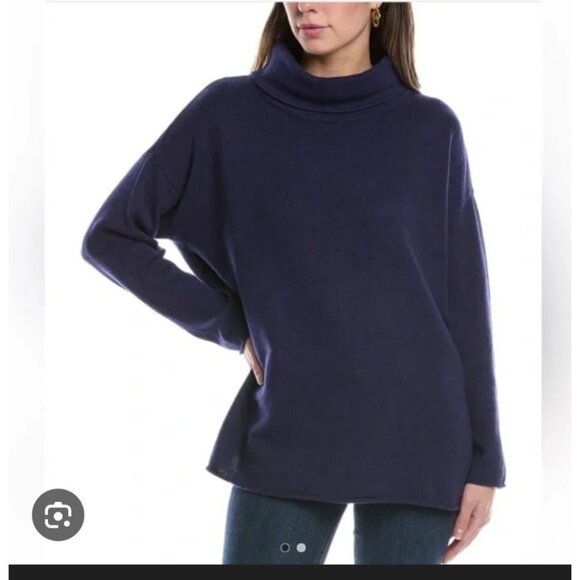 Eileen Fisher Venus Navy Blue Organic Cotton & Recycled Cashmere Turtleneck Knit - Picture 1 of 11